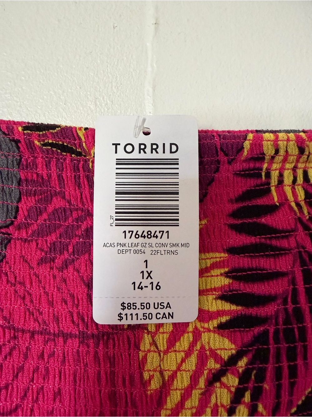 Torrid Tropical Leaf Smocked Strapless Midi Dress NWT Size 1X 14/16 - Picture 3 of 3